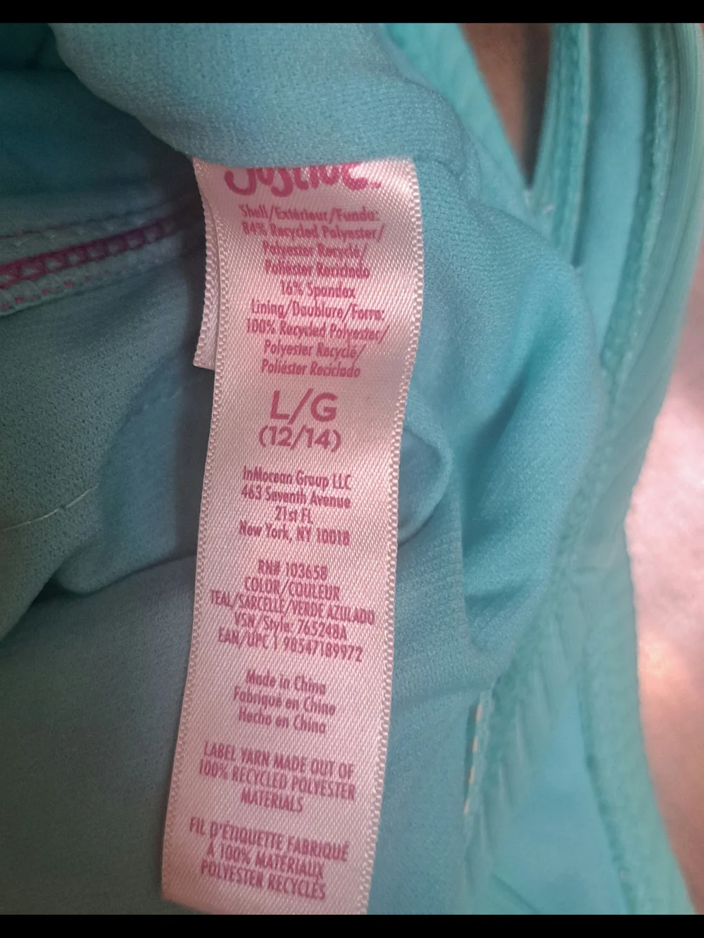 Girls Justice Teal And Pink One-Piece Swimsuit Padded Sz L 12/14